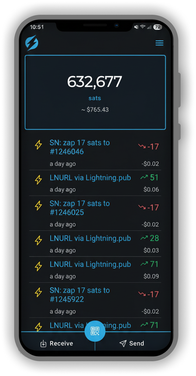 SHOCKWALLET transaction dashboard showing sats balance and payment history
